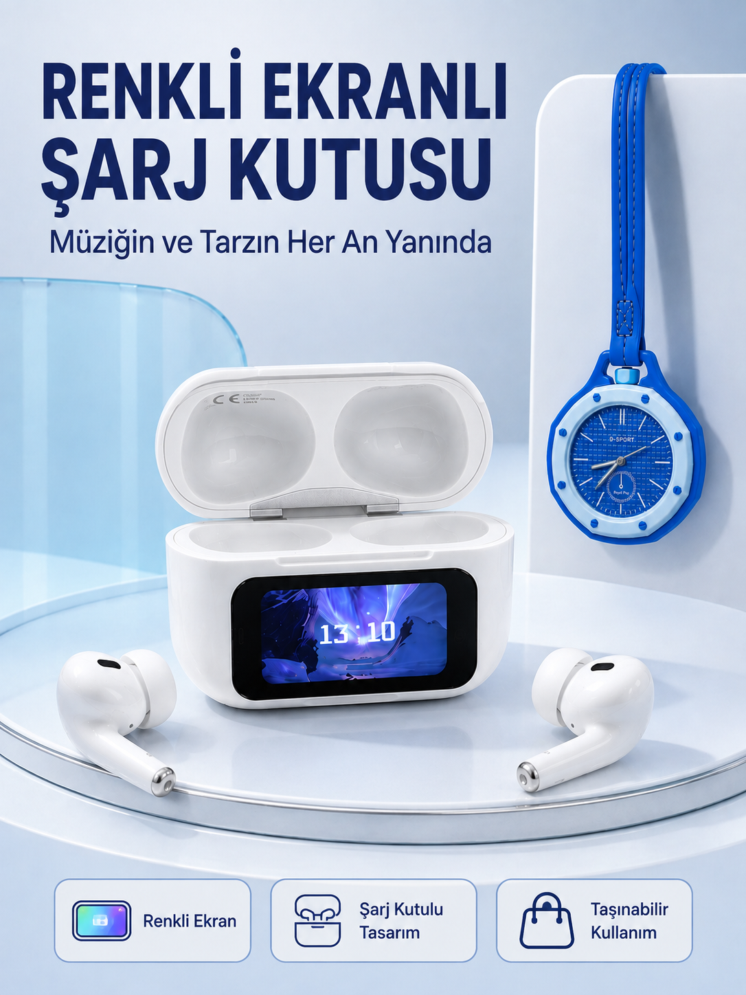 Dokunmatik Kablosuz Kulaklık + Mavi Askılı Analog Charm Saat İkili Set - Lisinya Dokunmatik Kablosuz Kulaklık + Mavi Askılı Analog Charm Saat İkili Set - Lisinya