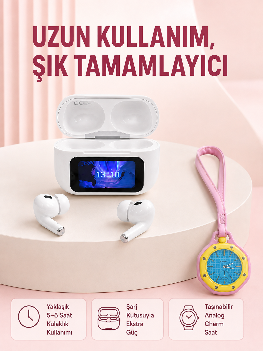 Ekranlı Kablosuz Kulaklık ve Pembe Çanta Charm Saat Kampanya Seti - Lisinya Ekranlı Kablosuz Kulaklık ve Pembe Çanta Charm Saat Kampanya Seti - Lisinya