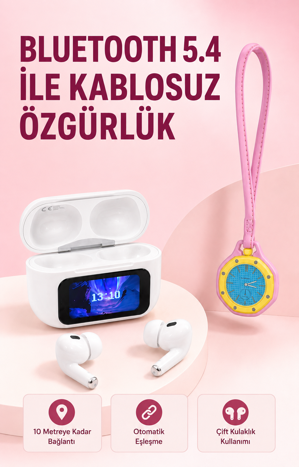 Bluetooth 5.4 Kablosuz Kulaklık Pembe Askılı Analog Charm Saat İkili Set - Lisinya Bluetooth 5.4 Kablosuz Kulaklık Pembe Askılı Analog Charm Saat İkili Set - Lisinya