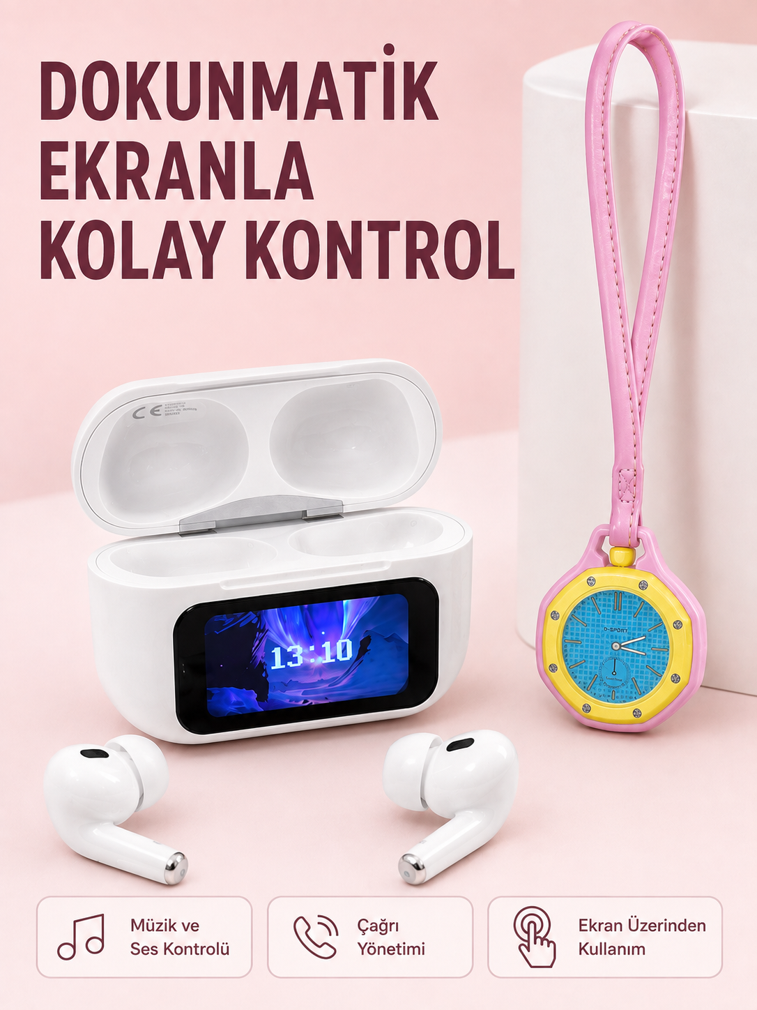Dokunmatik Ekranlı Kablosuz Kulaklık ve Pembe Çanta Aksesuar Saati Avantajlı Set - Lisinya Dokunmatik Ekranlı Kablosuz Kulaklık ve Pembe Çanta Aksesuar Saati Avantajlı Set - Lisinya
