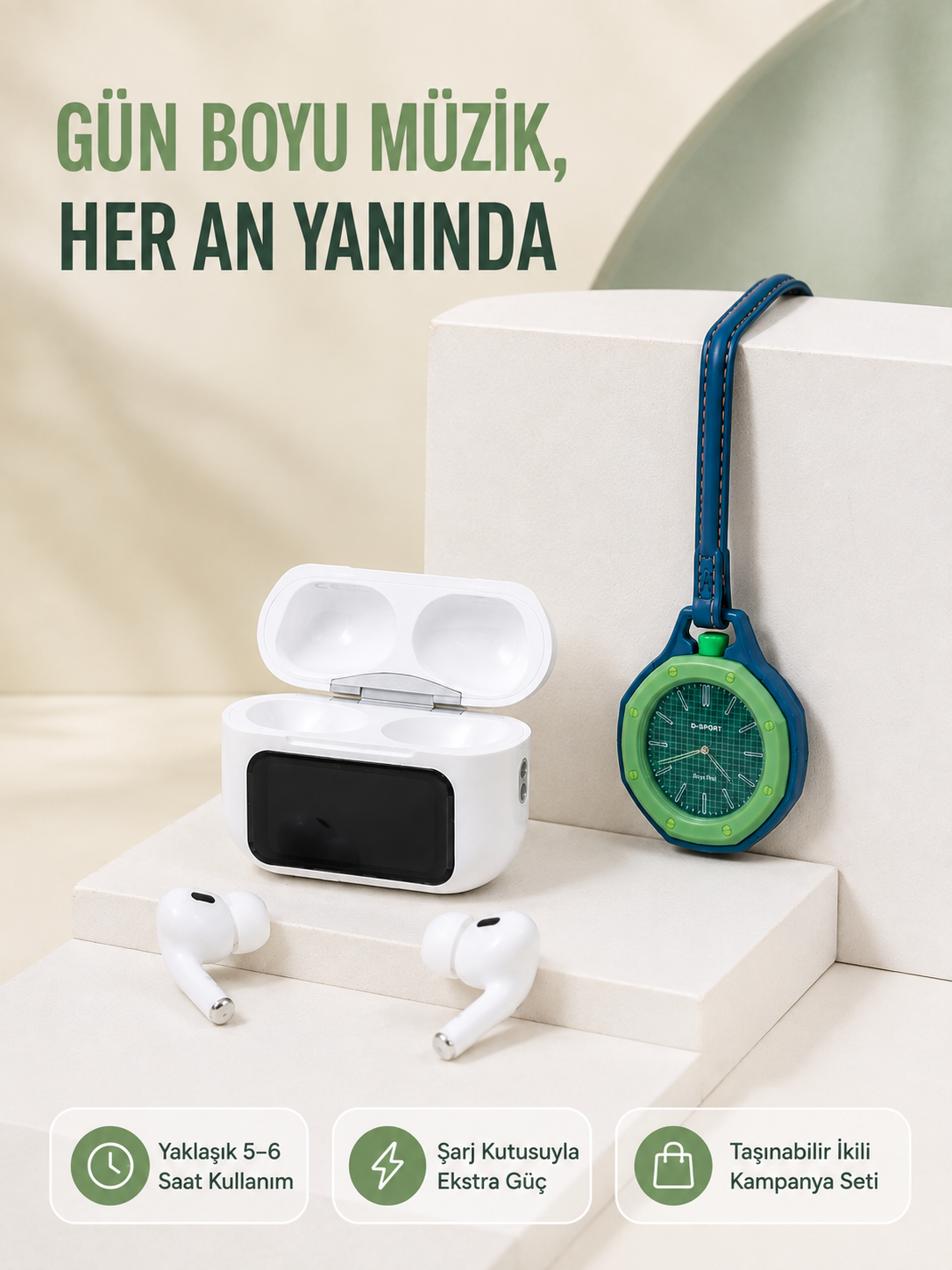Ekranlı Kablosuz Kulaklık ve Yeşil Çanta Charm Saat Kampanya Seti - Lisinya Ekranlı Kablosuz Kulaklık ve Yeşil Çanta Charm Saat Kampanya Seti - Lisinya