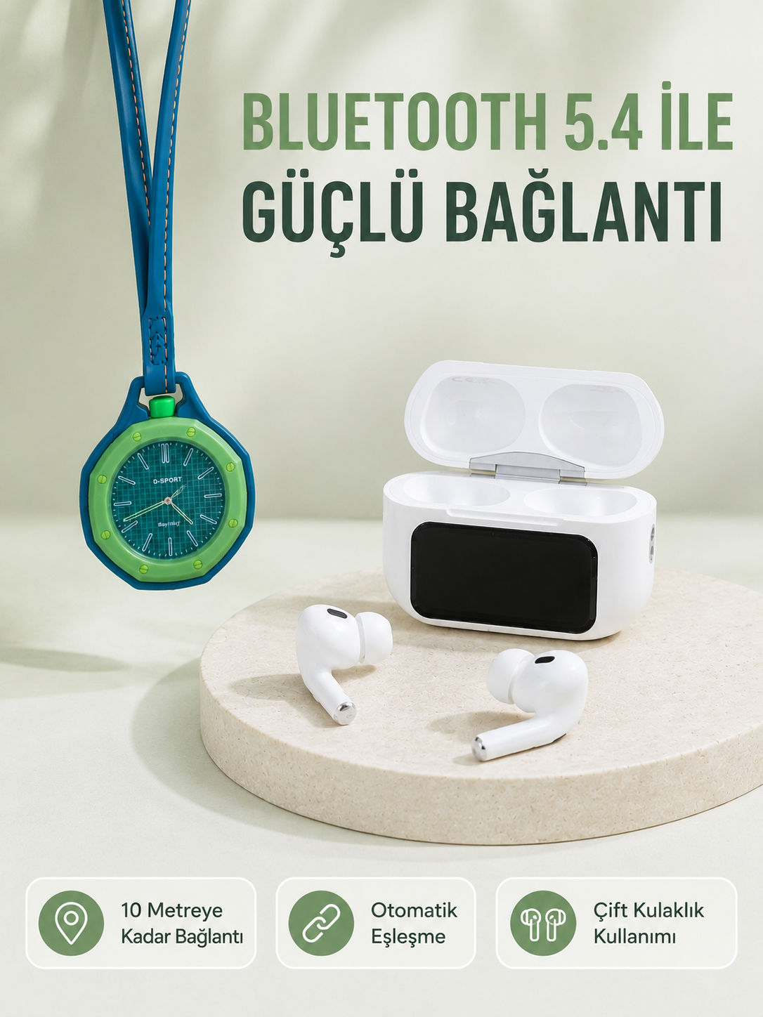 Dokunmatik Ekranlı Kablosuz Kulaklık ve Yeşil Çanta Aksesuar Saati Avantajlı Set - Lisinya Dokunmatik Ekranlı Kablosuz Kulaklık ve Yeşil Çanta Aksesuar Saati Avantajlı Set - Lisinya