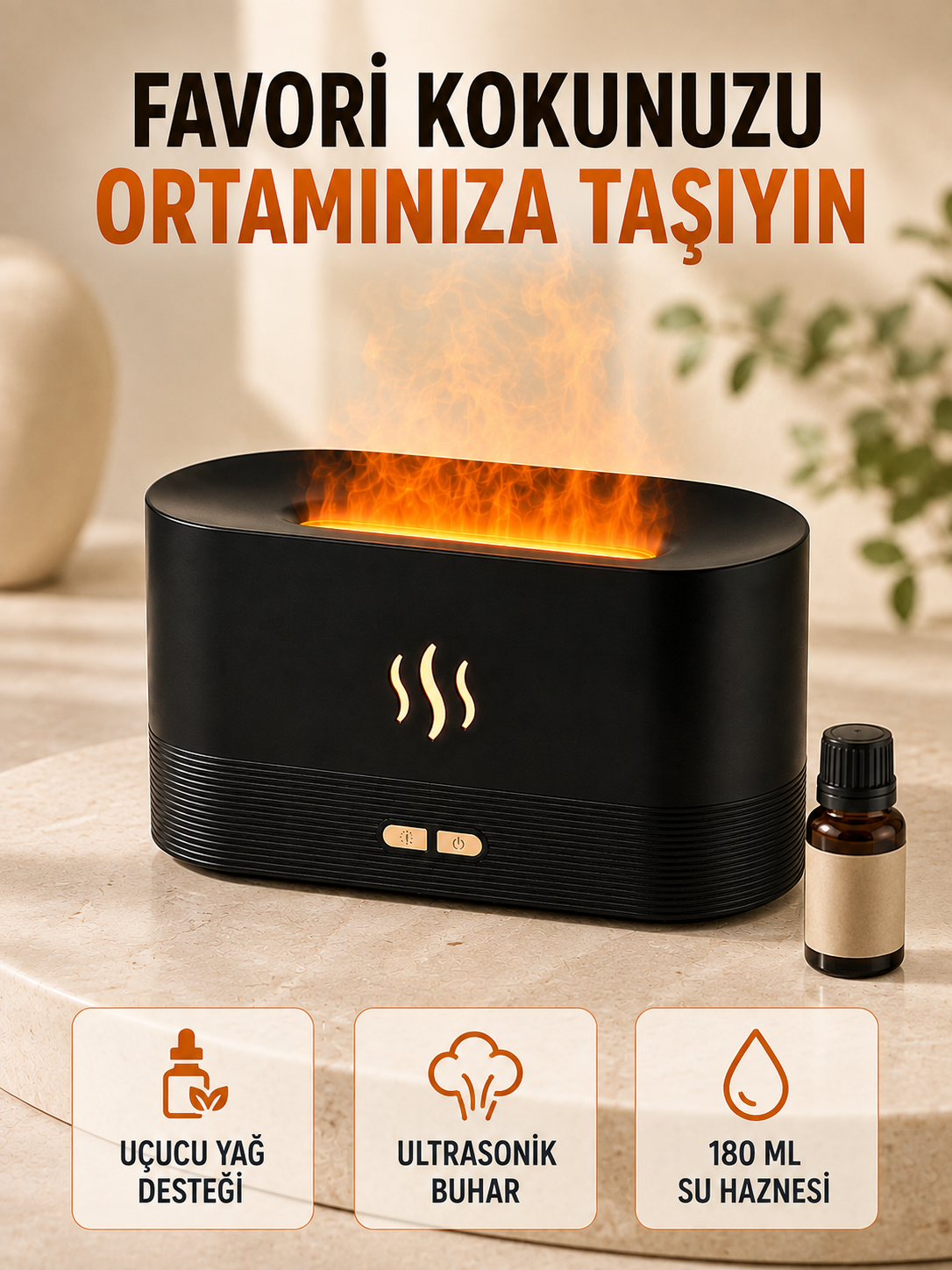 Alev Efektli Aroma Difüzörü Uçucu Yağ Destekli USB Hava Nemlendirici - Lisinya