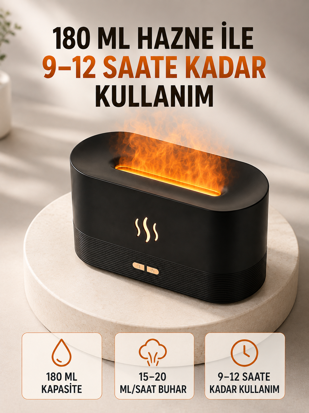 180 ML Alev Efektli Aroma Difüzörü Ultrasonik Buharlı Aromaterapi Cihazı - Lisinya