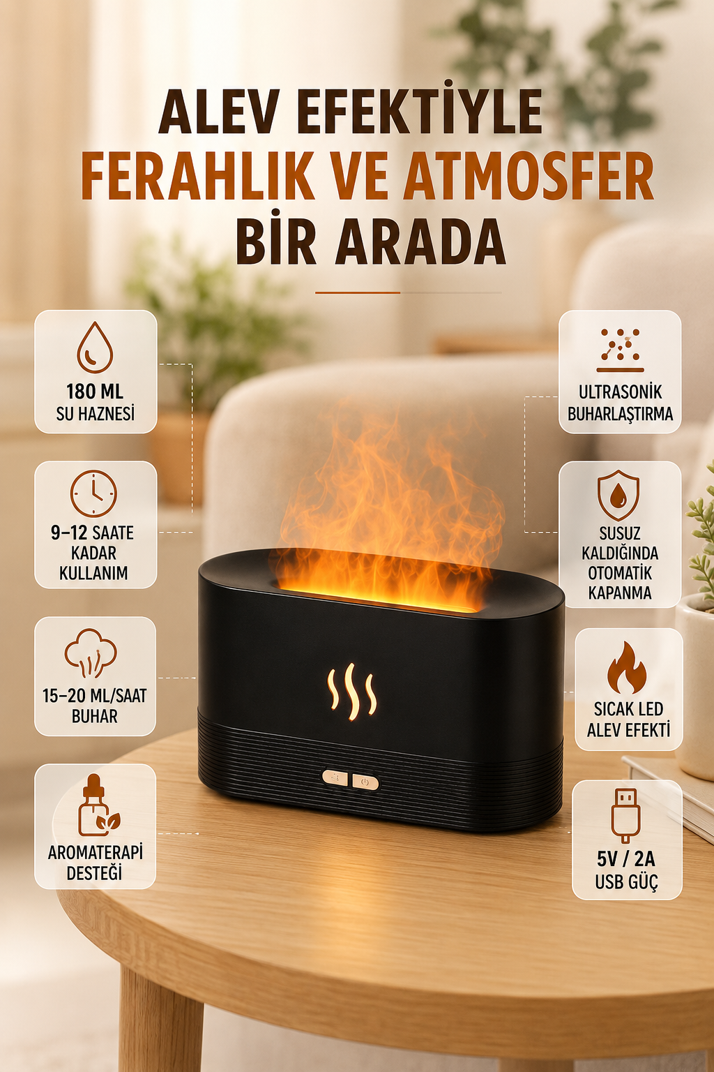 180 ML Alev Efektli Aroma Difüzörü Ultrasonik Buharlı Aromaterapi Cihazı - Lisinya 180 ML Alev Efektli Aroma Difüzörü Ultrasonik Buharlı Aromaterapi Cihazı - Lisinya