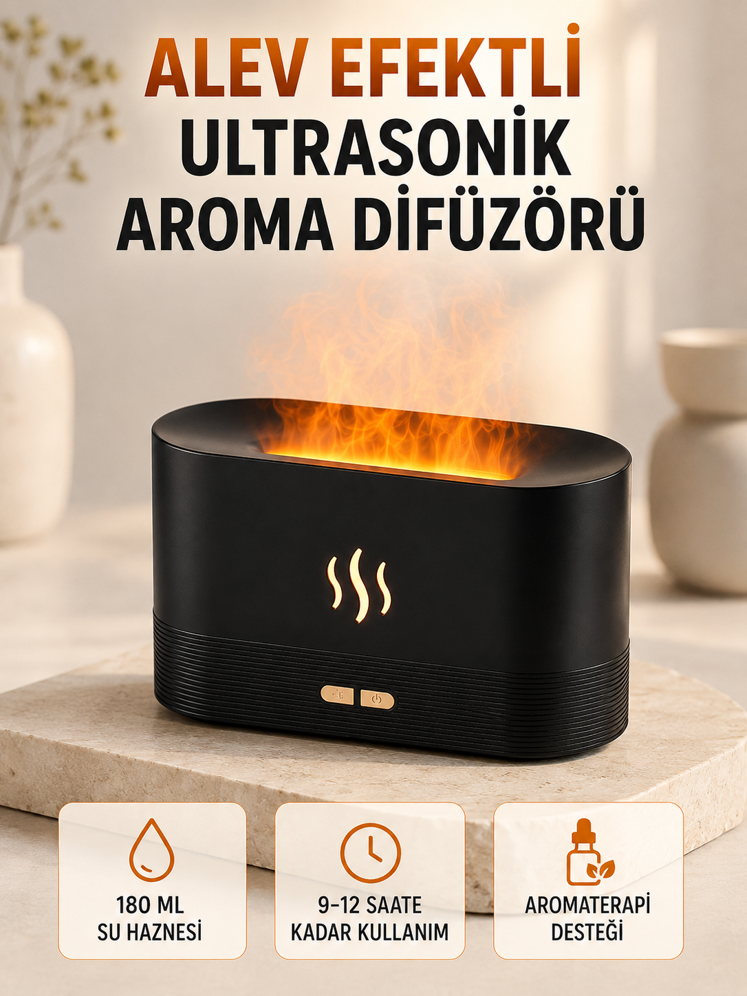 Ultrasonik Aromaterapi Difüzörü 180 ML Hazneli Dekoratif Alev Efektli Nemlendirici - Lisinya Ultrasonik Aromaterapi Difüzörü 180 ML Hazneli Dekoratif Alev Efektli Nemlendirici - Lisinya