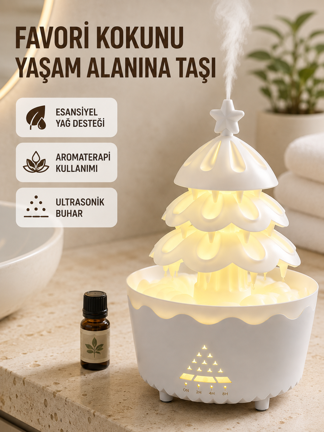 250 ML Şans Ağacı Hava Nemlendirici Çok Renkli Işıklı Aroma Cihazı - Lisinya