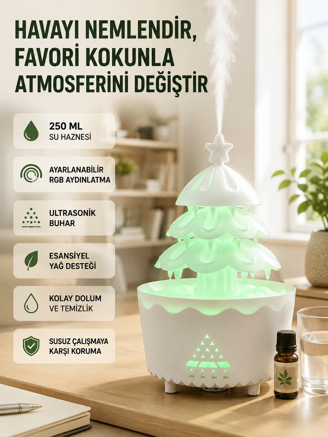 250 ML Şans Ağacı Hava Nemlendirici Çok Renkli Işıklı Aroma Cihazı - Lisinya