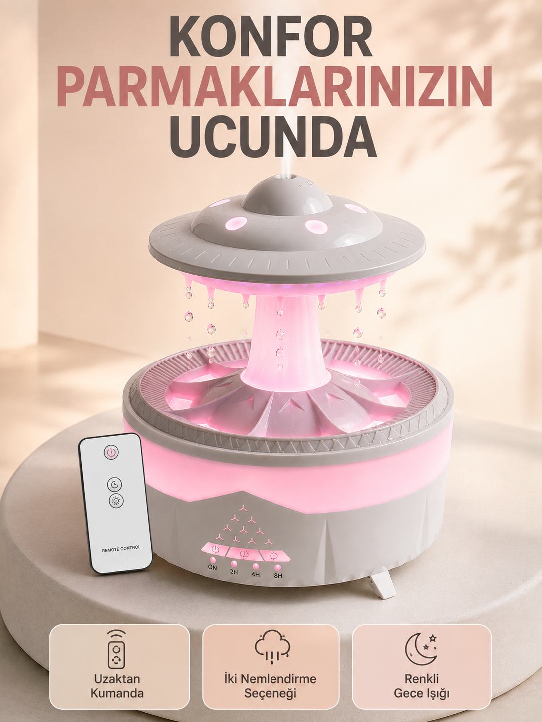 350 ML UFO Tasarımlı Ultrasonik Hava Nemlendirici Yağmur Efektli Gece Lambası - Lisinya