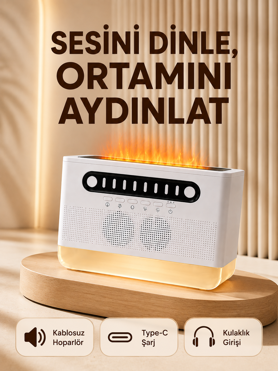 8 Çeşit Beyaz Gürültülü Kablosuz Hoparlör ve Renkli Alev Efektli Gece Lambası - Lisinya