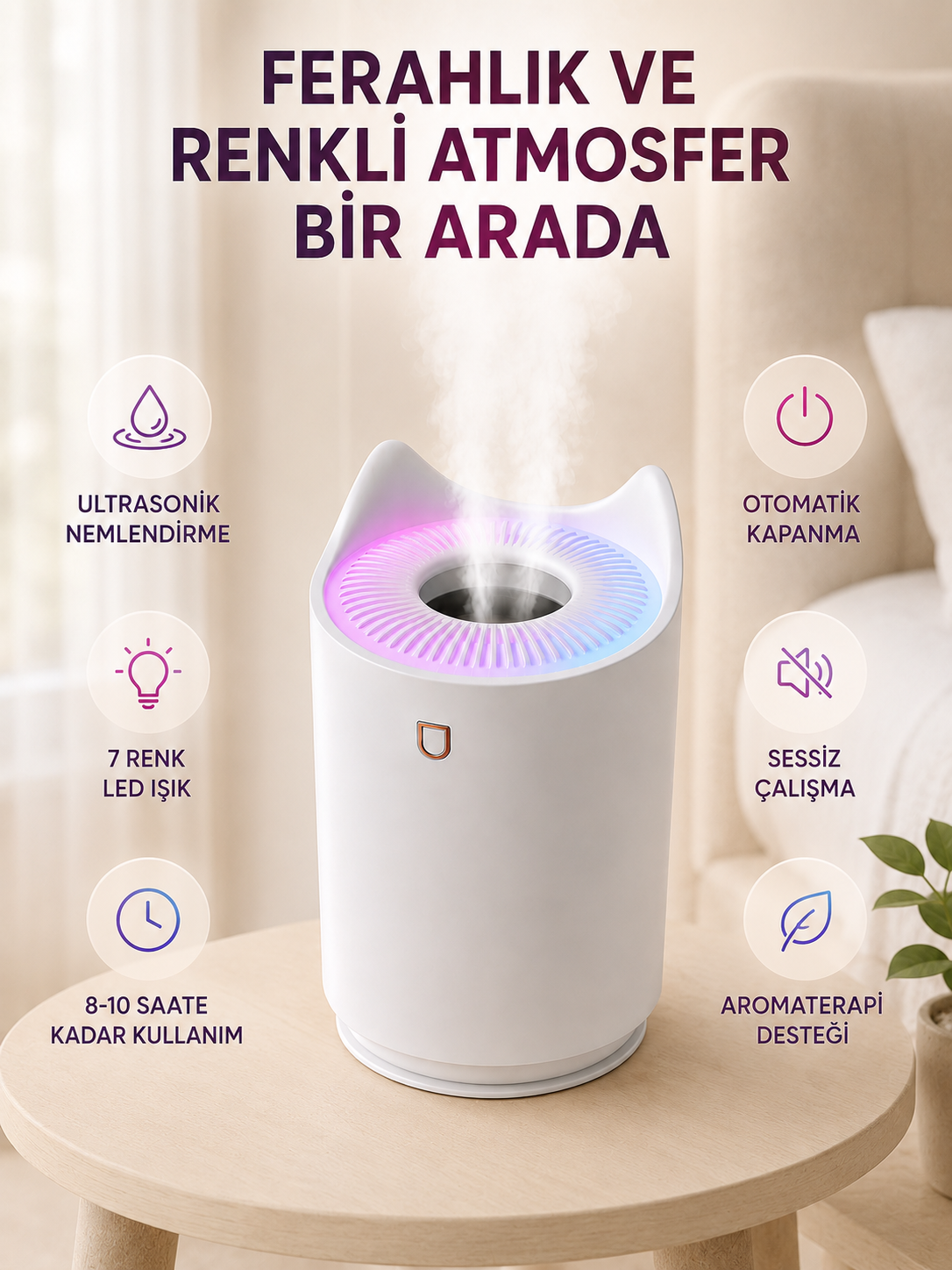 Ultrasonik Hava Nemlendirme Cihazı 7 Renk LED Aromaterapi Difüzör - Lisinya
