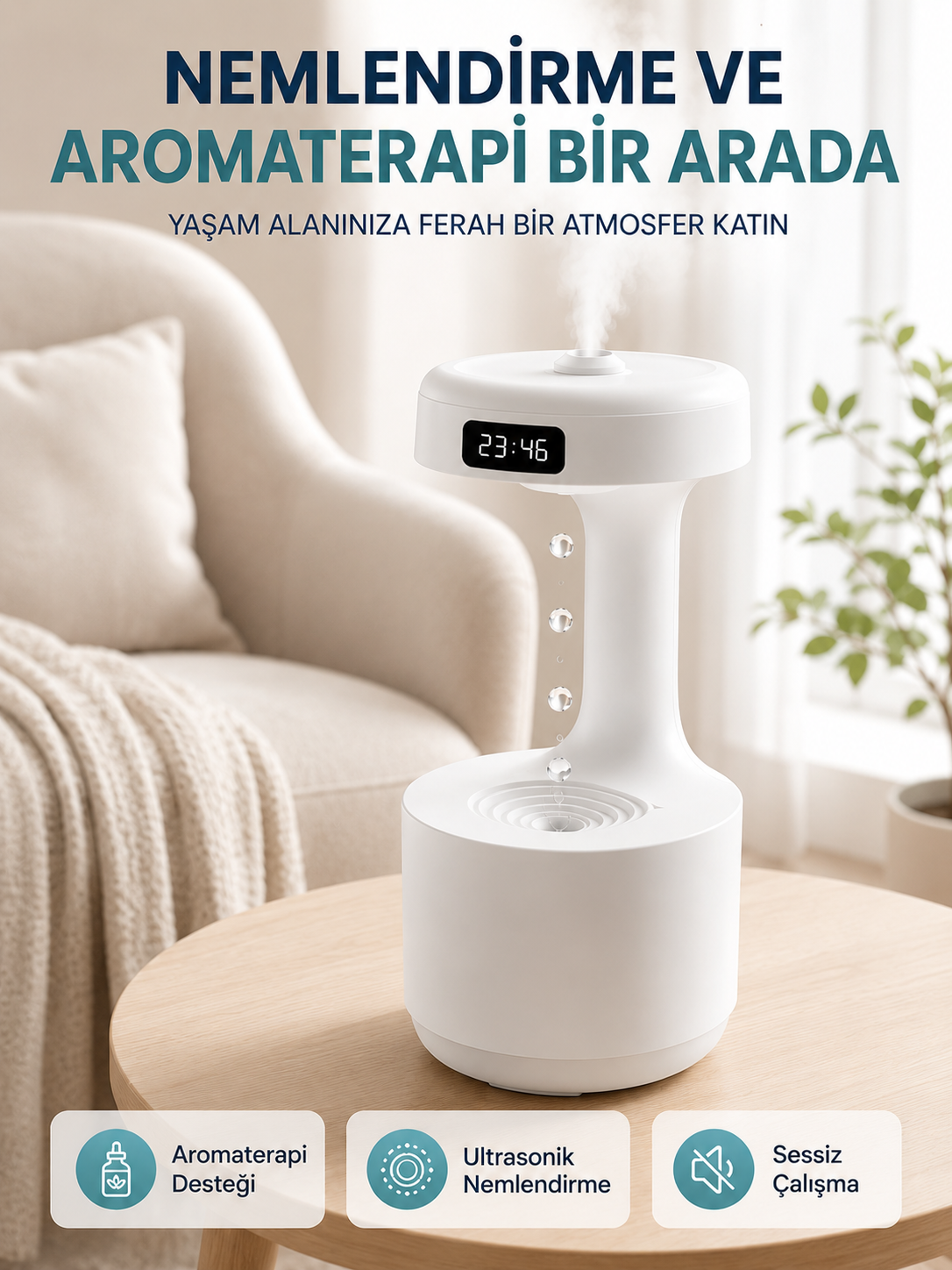 Yağmur Damlası Hava Nemlendirici Ultrasonik Buhar Makinesi 800 ml Aroma Difüzör - Lisinya