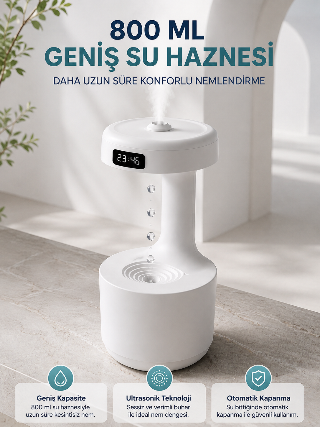 Ters Akan Su Damlası Nemlendirici 800 ml Sessiz Ultrasonik Oda Nemlendirici - Lisinya
