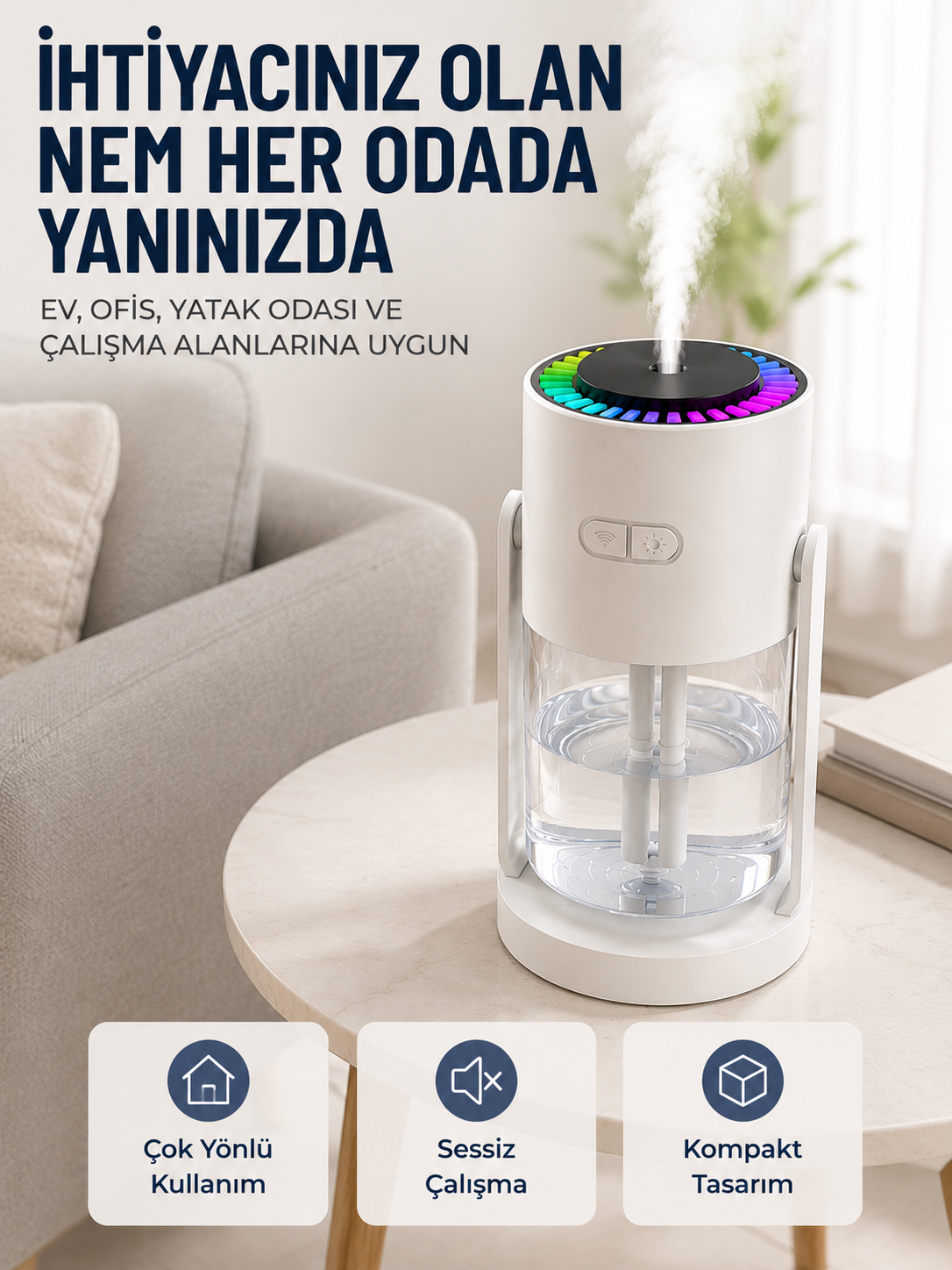 Ultrasonik Hava Nemlendirici Renkli LED Işıklı Sessiz Oda Nemlendirme Cihazı - Lisinya Ultrasonik Hava Nemlendirici Renkli LED Işıklı Sessiz Oda Nemlendirme Cihazı - Lisinya