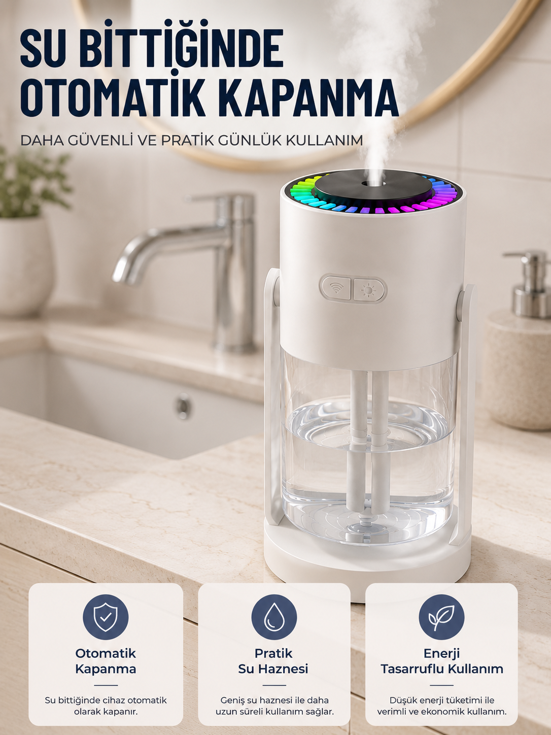 LED Işıklı Hava Nemlendirme Cihazı Şeffaf Su Hazneli Sessiz Masaüstü Nemlendirici - Lisinya