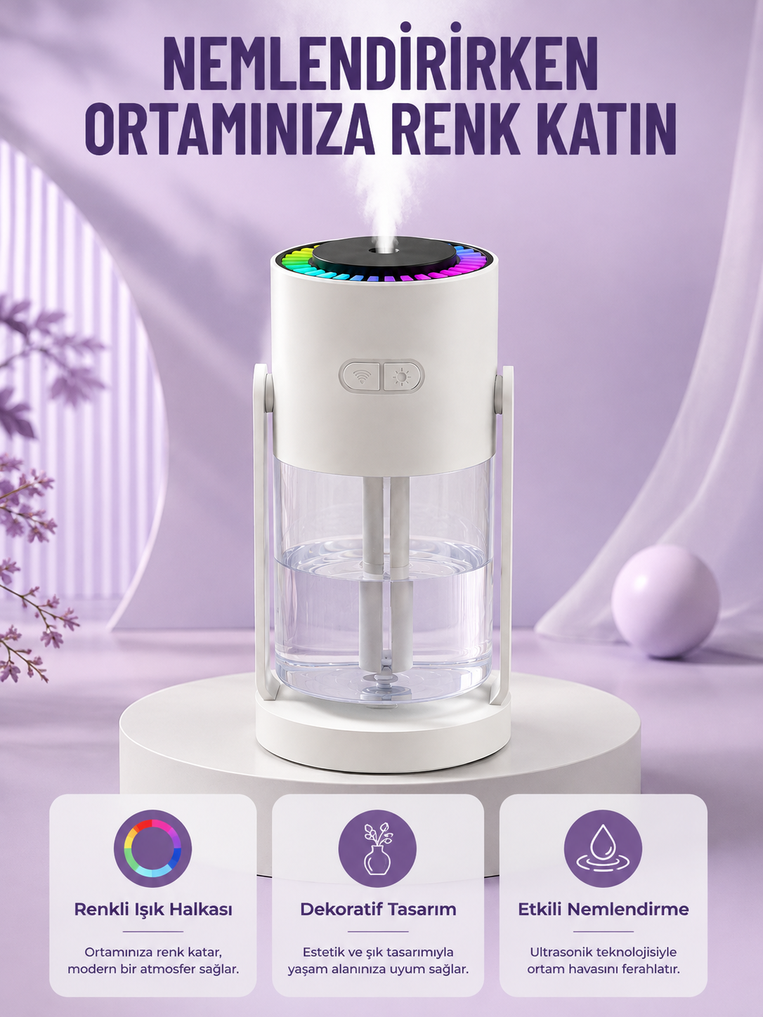 Sessiz Hava Nemlendirici Renkli Gece Işıklı Otomatik Kapanma Özellikli Nemlendirme Cihazı - Lisinya