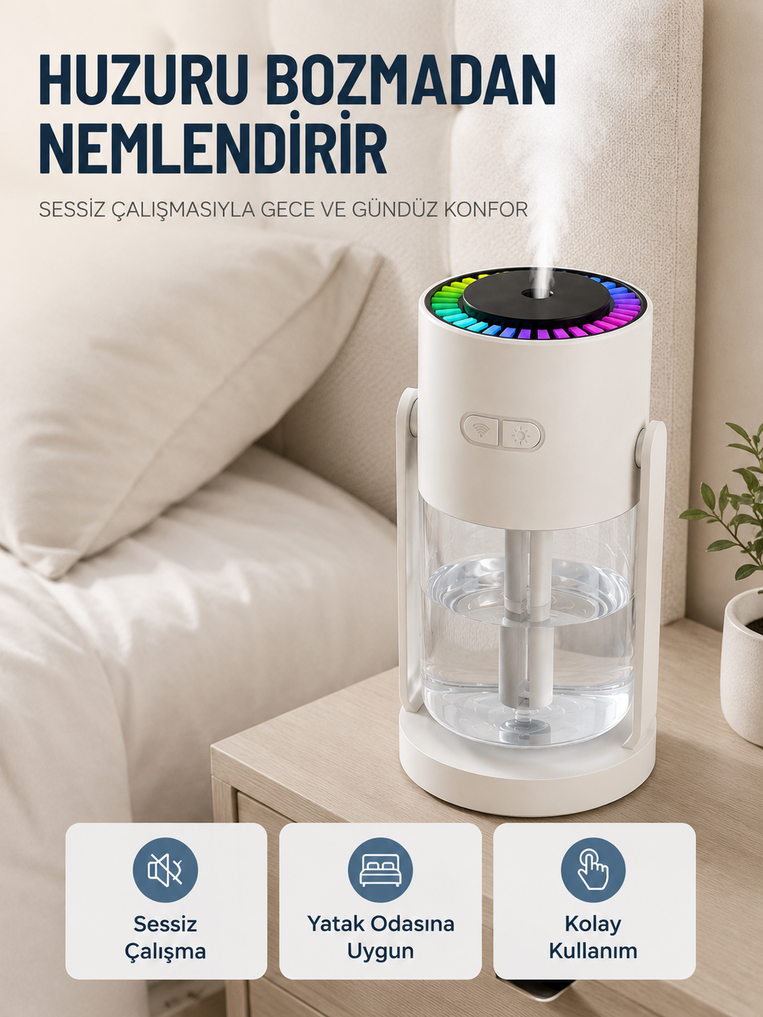 Taşınabilir Hava Nemlendirici LED Işıklı Şeffaf Hazneli Ev Ofis Yatak Odası Nemlendirme Cihazı - Lisinya Taşınabilir Hava Nemlendirici LED Işıklı Şeffaf Hazneli Ev Ofis Yatak Odası Nemlendirme Cihazı - Lisinya