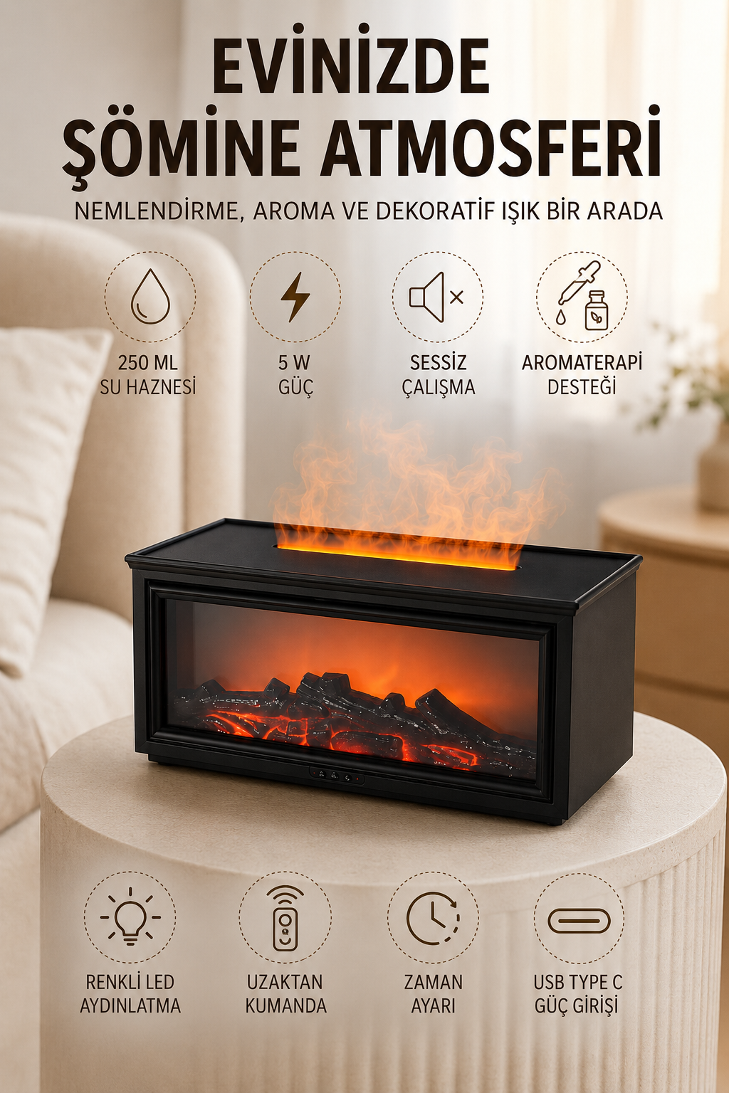 Şömine Görünümlü Hava Nemlendirici Renkli LED Işıklı Aroma Difüzörü - Lisinya