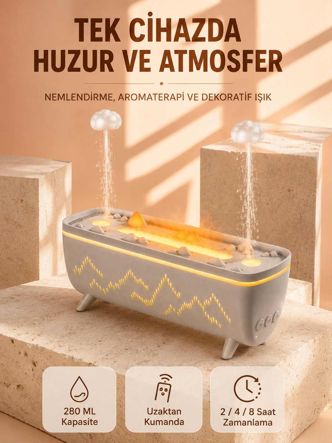 Aroma Difüzörü 280 ML Yağmur Damlası Efektli Hava Nemlendirici Uzaktan Kumandalı LED Işıklı - Lisinya