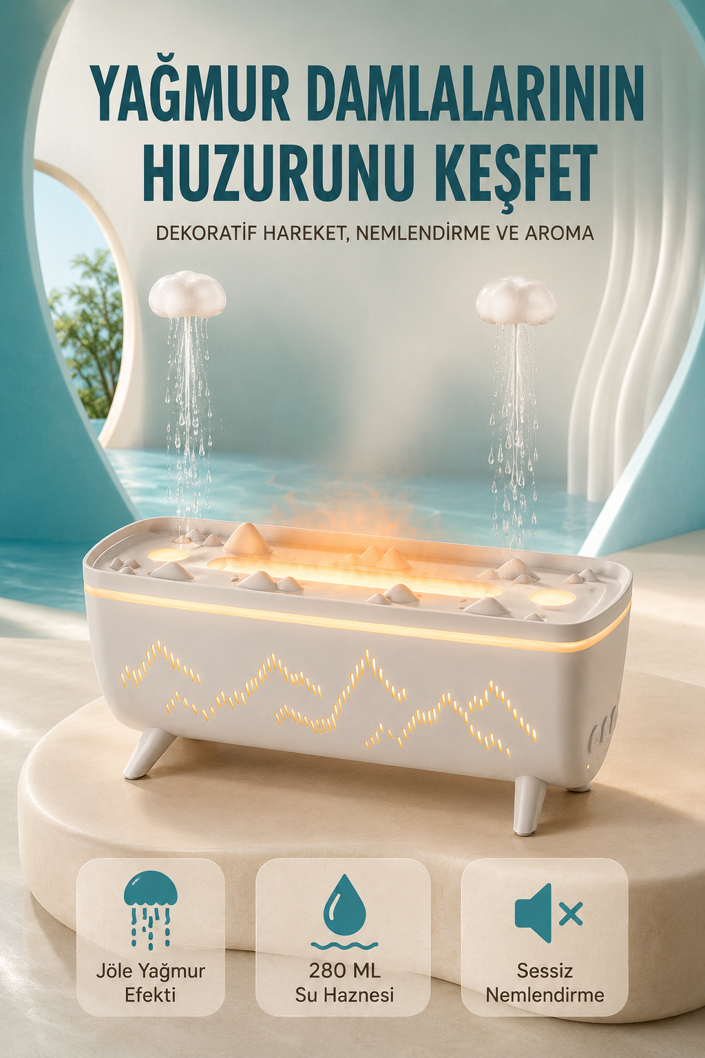 Dekoratif Hava Nemlendirici ve Aromaterapi Difüzörü 280 ML Yağmur Efektli Renkli LED Işıklı - Lisinya Dekoratif Hava Nemlendirici ve Aromaterapi Difüzörü 280 ML Yağmur Efektli Renkli LED Işıklı - Lisinya