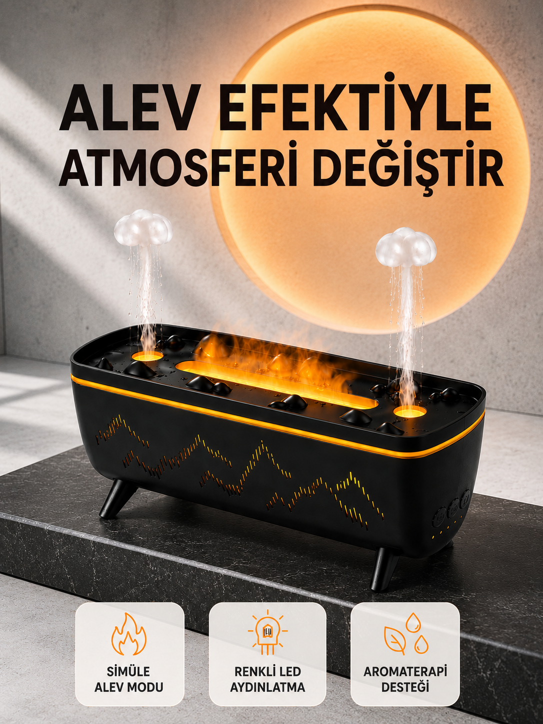 Alev Efektli Hava Nemlendirici 280 ML Esansiyel Yağ Uyumlu Jöle Yağmur Efektli Difüzör - Lisinya