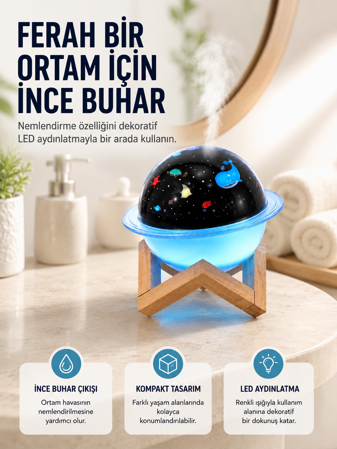 Projektör ışığı bulunan USB bağlantılı mini aromaterapi destekli hava nemlendirici - Lisinya Projektör ışığı bulunan USB bağlantılı mini aromaterapi destekli hava nemlendirici - Lisinya
