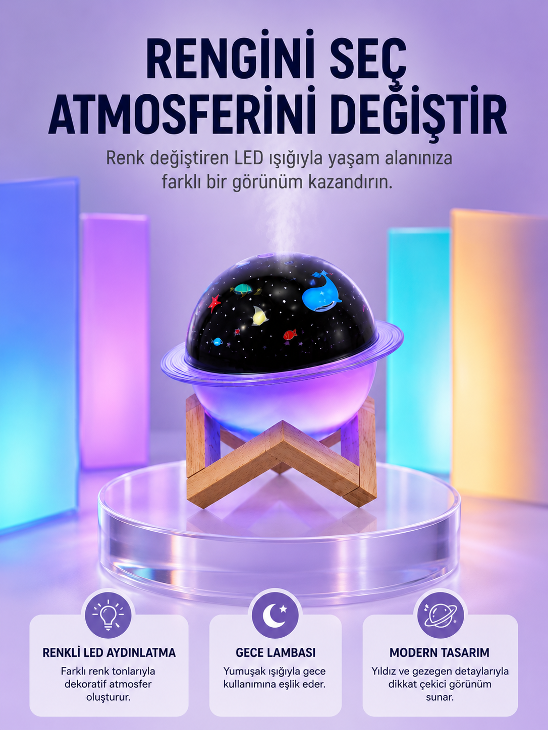 USB ile çalışan projektörlü aromaterapi nemlendirici masaüstü kullanım için uygun - Lisinya