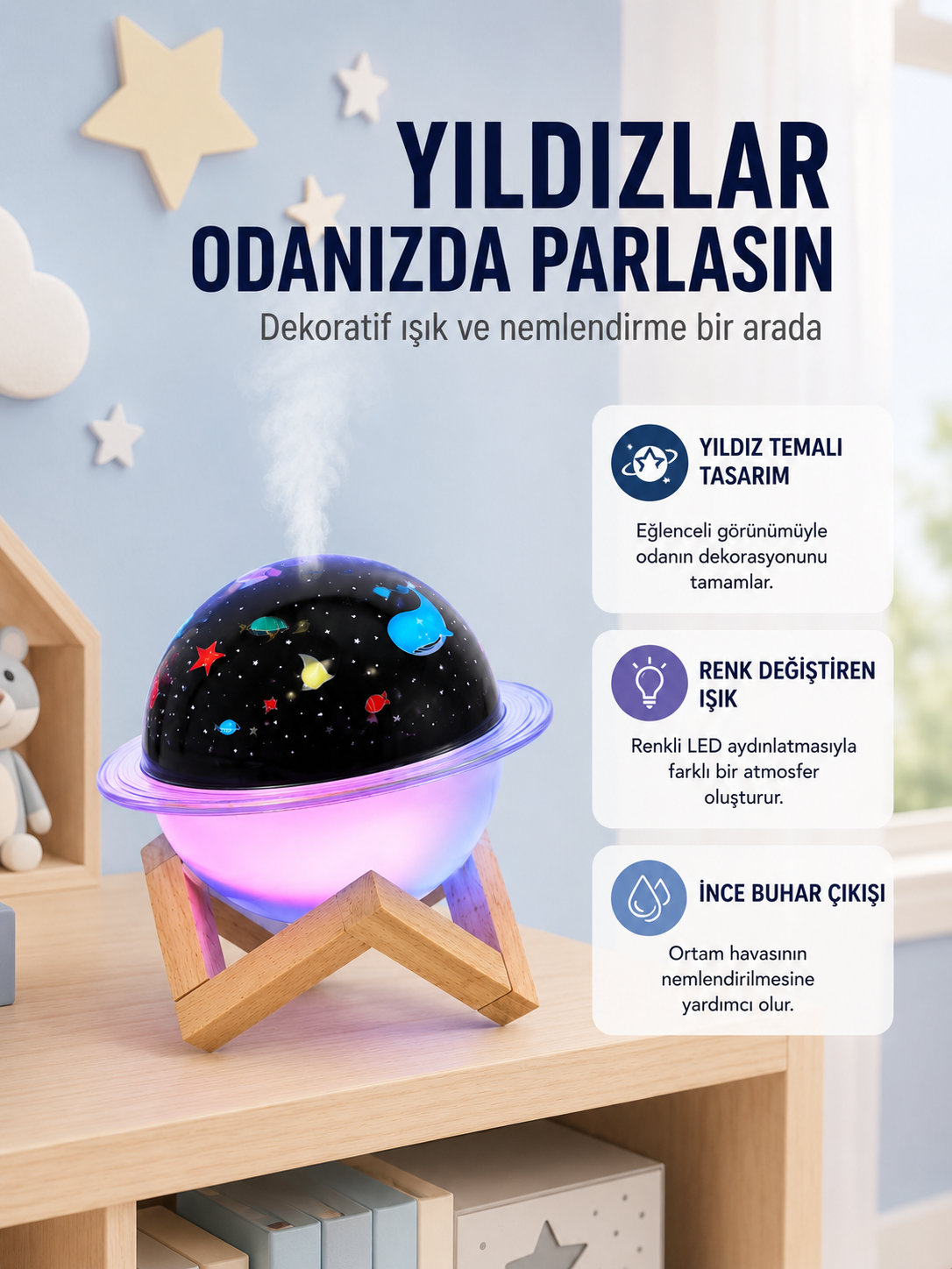 Projektör ışıklı ve aromaterapi destekli taşınabilir nemlendirici cihaz USB bağlantılı - Lisinya Projektör ışıklı ve aromaterapi destekli taşınabilir nemlendirici cihaz USB bağlantılı - Lisinya