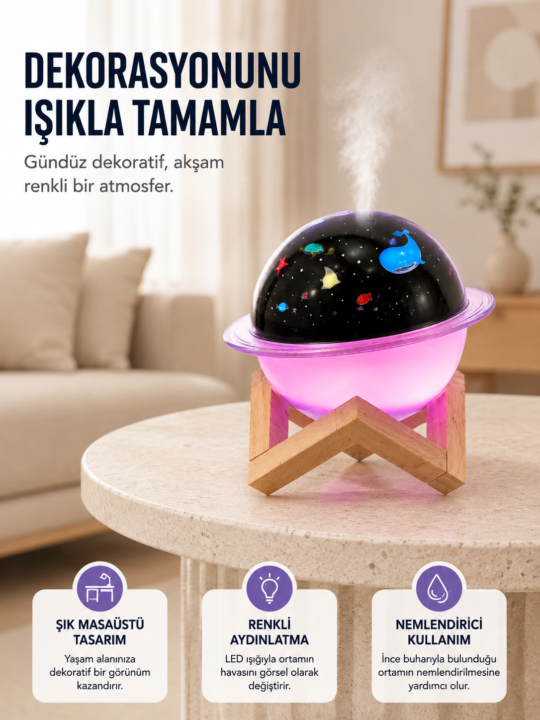Projektör ışıklı, aromaterapi uyumlu mini masaüstü hava nemlendirici cihaz - Lisinya Projektör ışıklı, aromaterapi uyumlu mini masaüstü hava nemlendirici cihaz - Lisinya