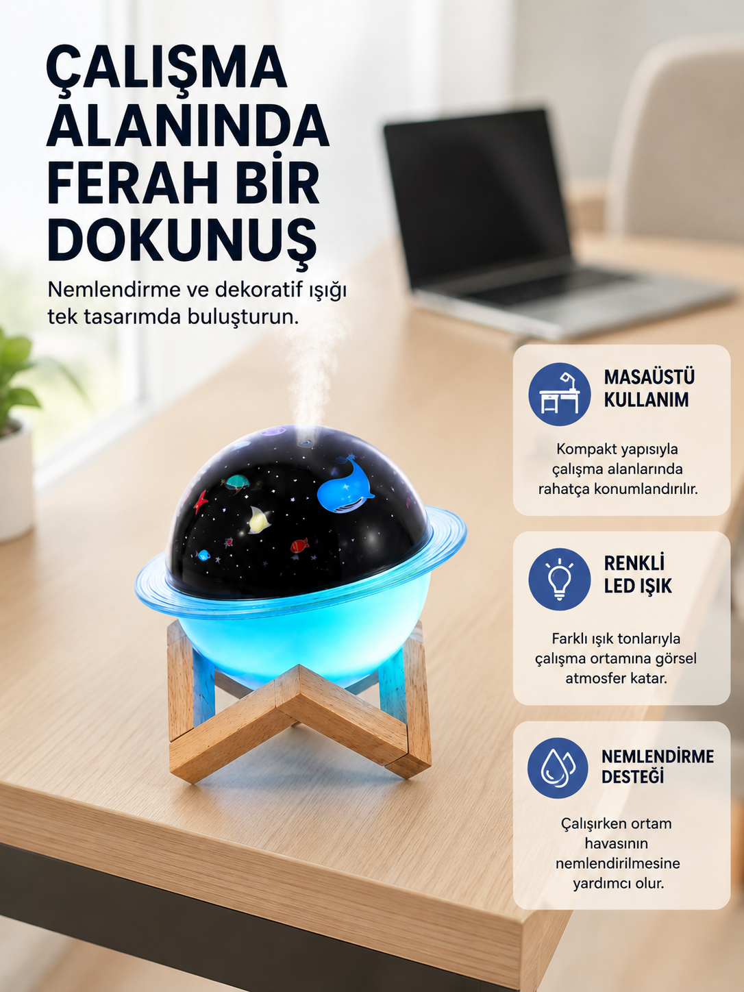 Gece lambası özellikli taşınabilir nemlendirici ve aromaterapi cihazı USB girişli - Lisinya Gece lambası özellikli taşınabilir nemlendirici ve aromaterapi cihazı USB girişli - Lisinya