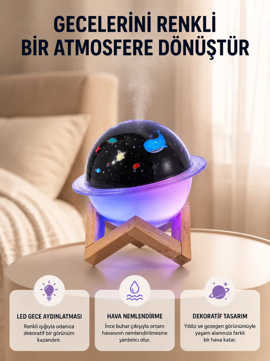 Gece lambası özellikli taşınabilir nemlendirici ve aromaterapi cihazı USB girişli - Lisinya Gece lambası özellikli taşınabilir nemlendirici ve aromaterapi cihazı USB girişli - Lisinya