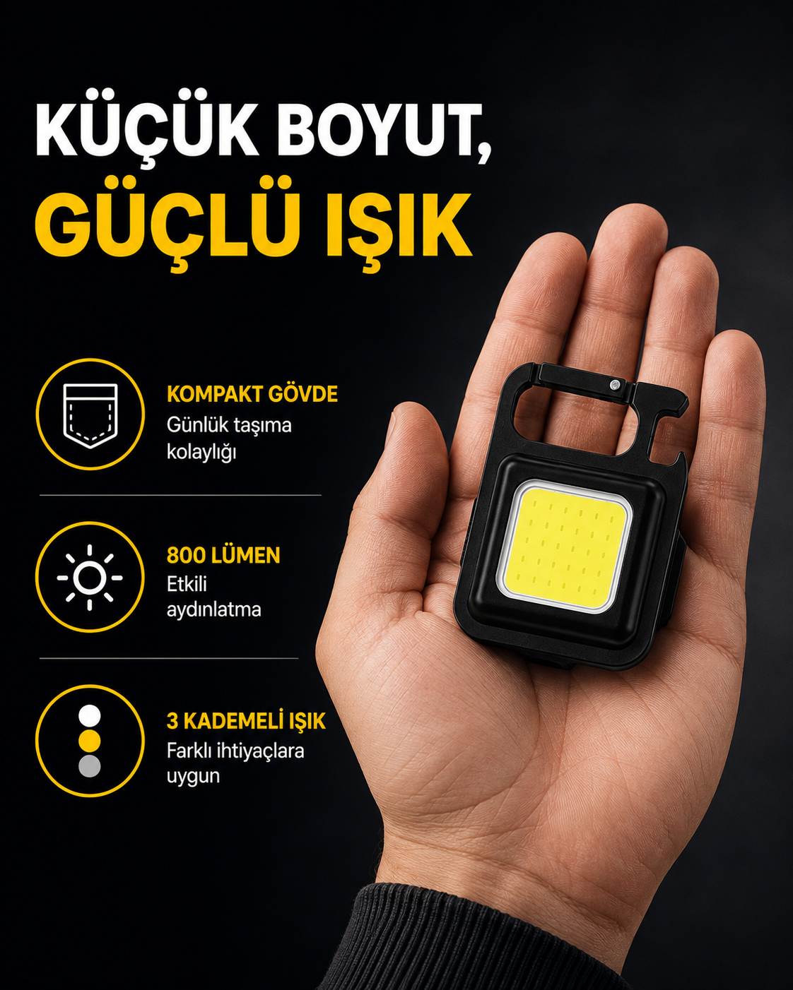 LED Mini Anahtarlık Fener – 1000 Lümen Güçlü Işık ve USB Type-C Şarjlı Yeni Nesil - Lisinya