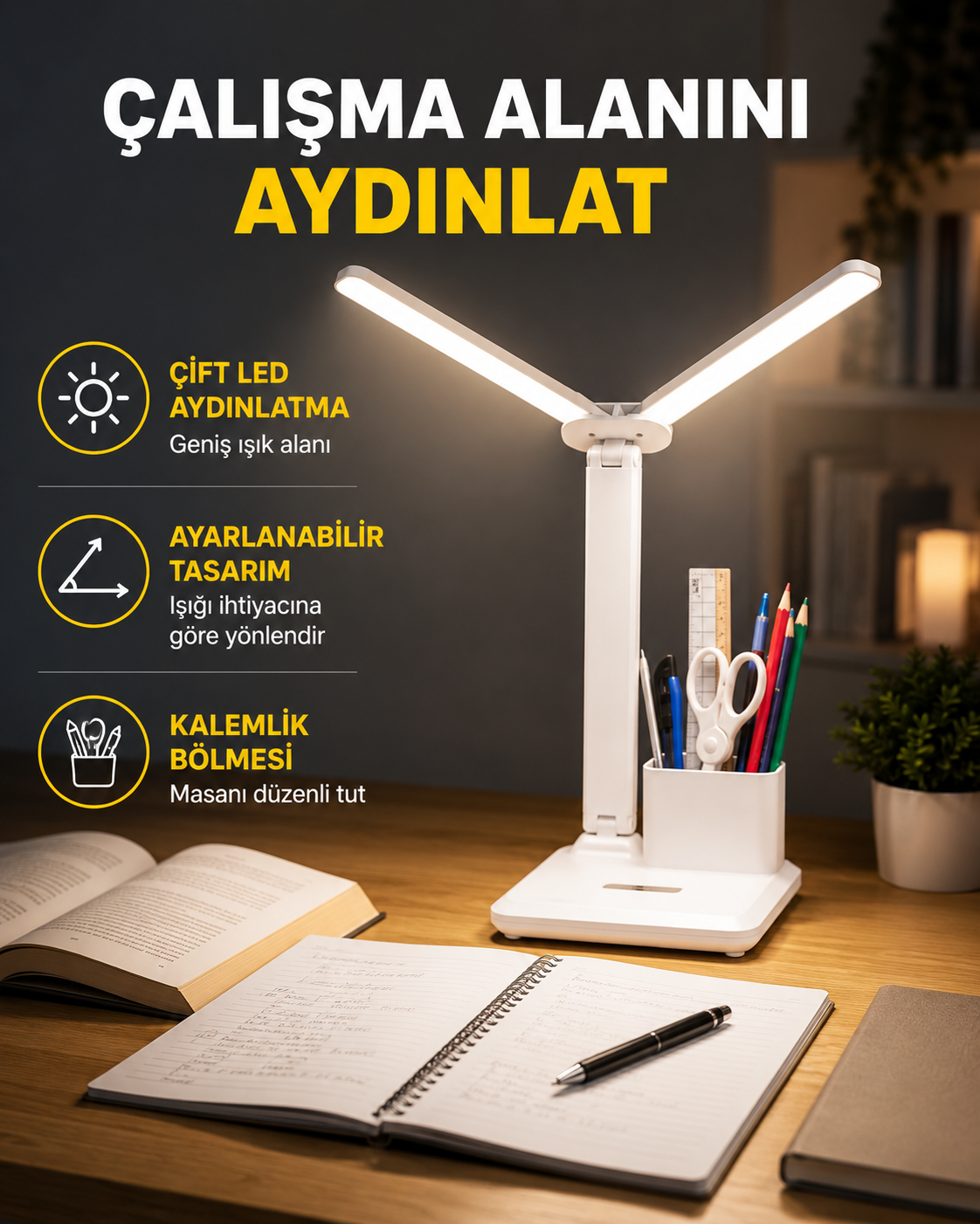 Kısılabilir LED Masa Lambası – Kalemlik ve Telefon Standlı, Göz Yormayan Işık Yeni Nesil - Lisinya Kısılabilir LED Masa Lambası – Kalemlik ve Telefon Standlı, Göz Yormayan Işık Yeni Nesil - Lisinya