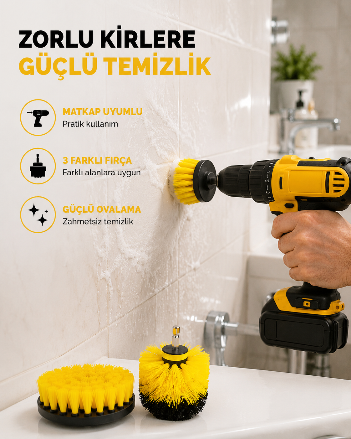 3’lü Matkap Ucu Fırça Seti – Derinlemesine Temizlik, Tüm Yüzeylerle Uyumlu Yeni Nesil - Lisinya