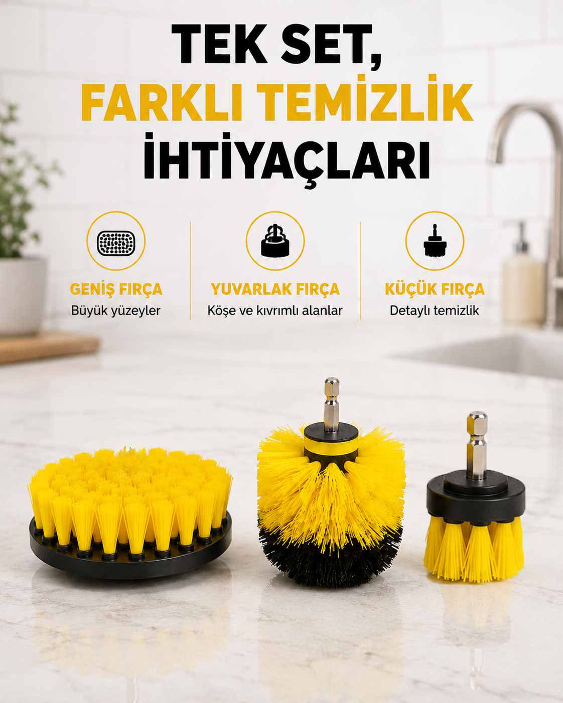 3’lü Matkap Temizlik Fırçası Seti – Banyo, Mutfak ve Araç Jantı İçin Etkili Yeni Nesil - Lisinya