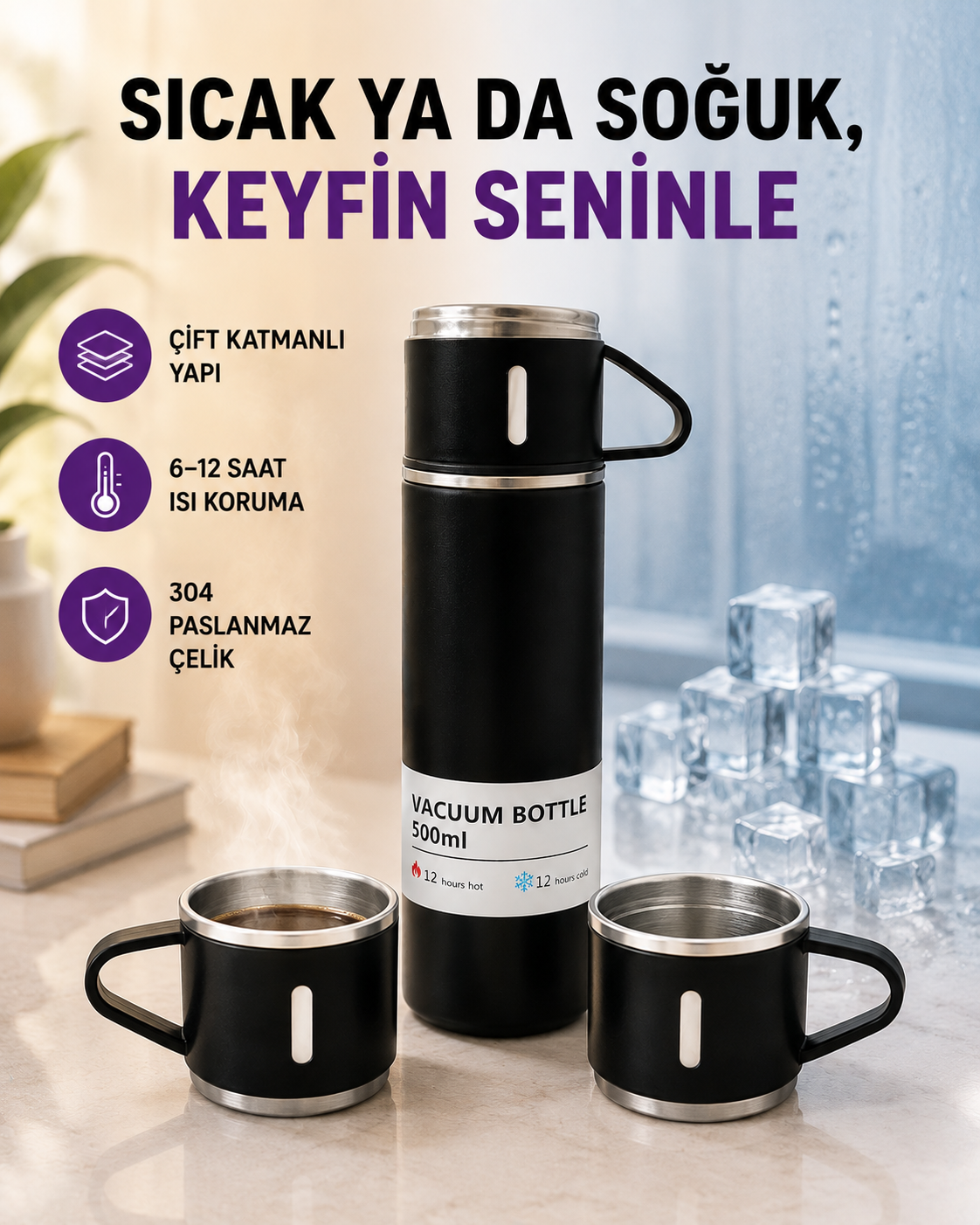 Paslanmaz Çelik Termos Seti | 500 ml Kapasite, 6-12 Saat Isı Koruma, Hediye Kutulu - Lisinya Paslanmaz Çelik Termos Seti | 500 ml Kapasite, 6-12 Saat Isı Koruma, Hediye Kutulu - Lisinya