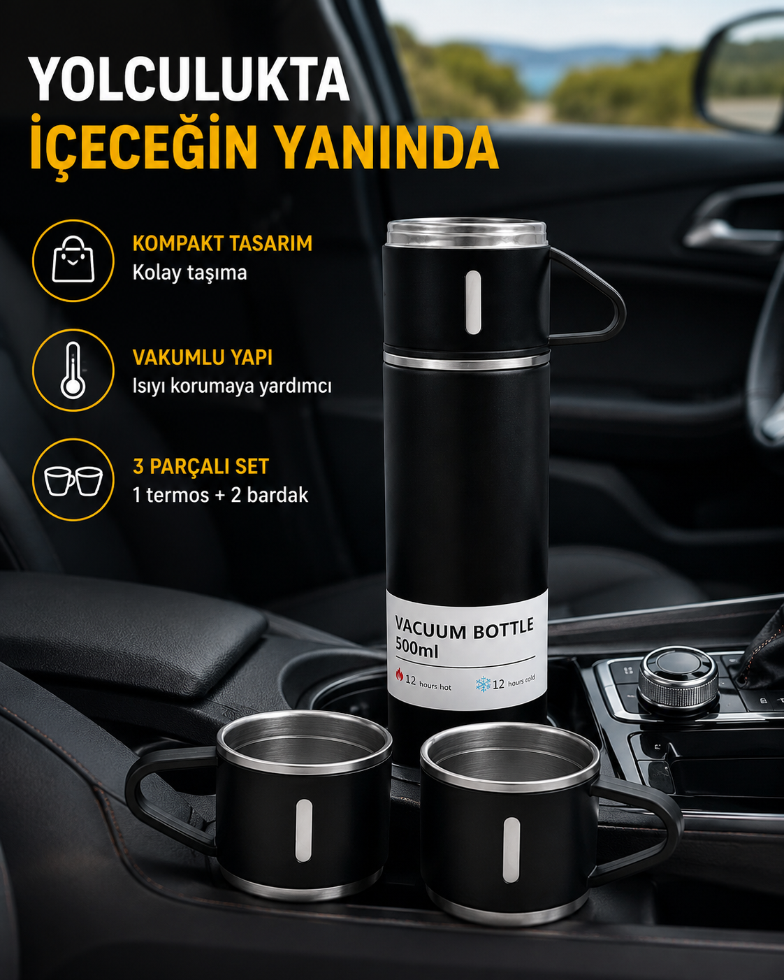 500 ml Paslanmaz Çelik Termos Seti – Sızdırmaz, Vakumlu, Isı Koruma Özellikli, Taşınabilir Termos - Lisinya