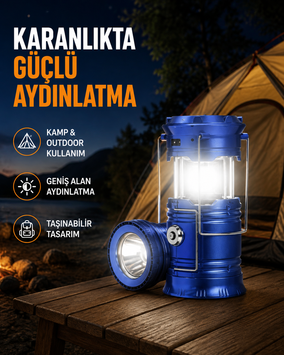 Güneş Enerjisiyle Çalışan Kamp Feneri Hafif Portatif Uzun Ömürlü - Lisinya