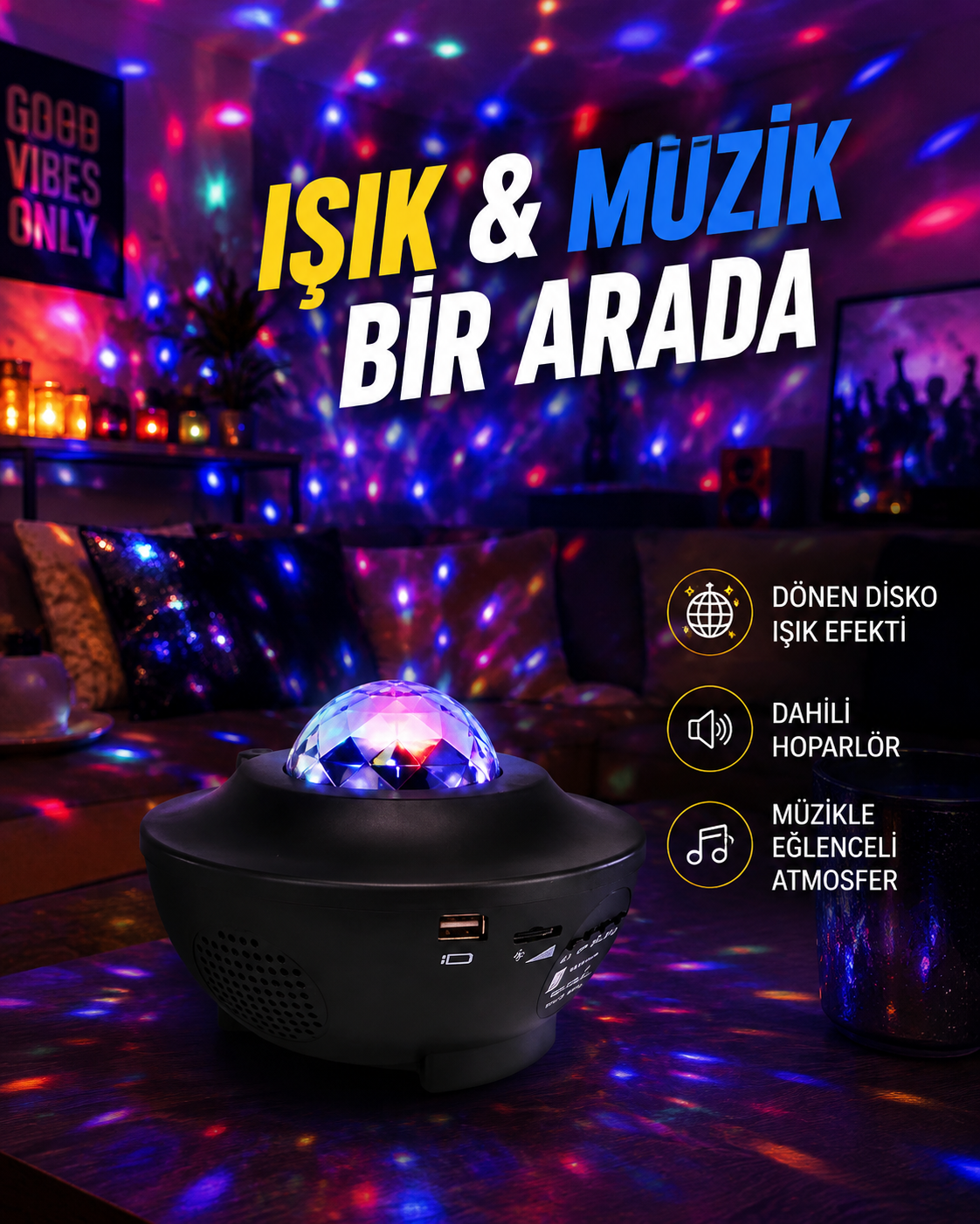 Sesle Etkileşimli Yıldız Projektörlü Gece Lambası – Bluetooth Hoparlörlü, USB Girişli, Dönen Okyanus - Lisinya