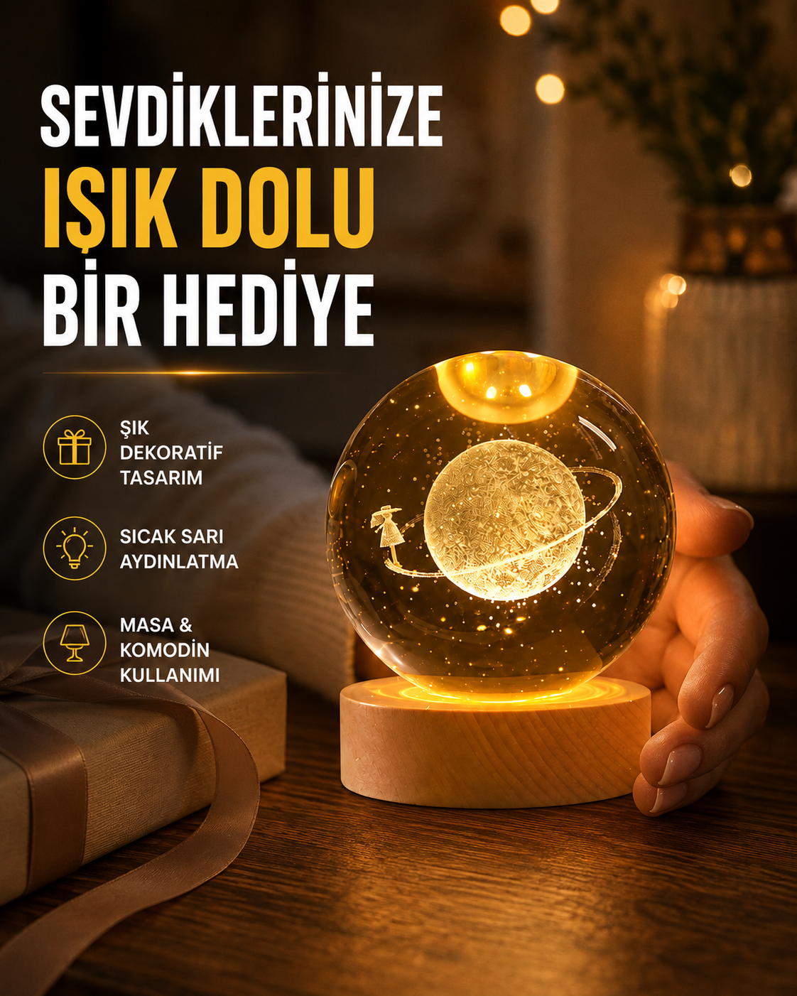 Ahşap Standlı Sarı Işıklı Dekoratif Küre Kız Figürü Tasarım - Lisinya