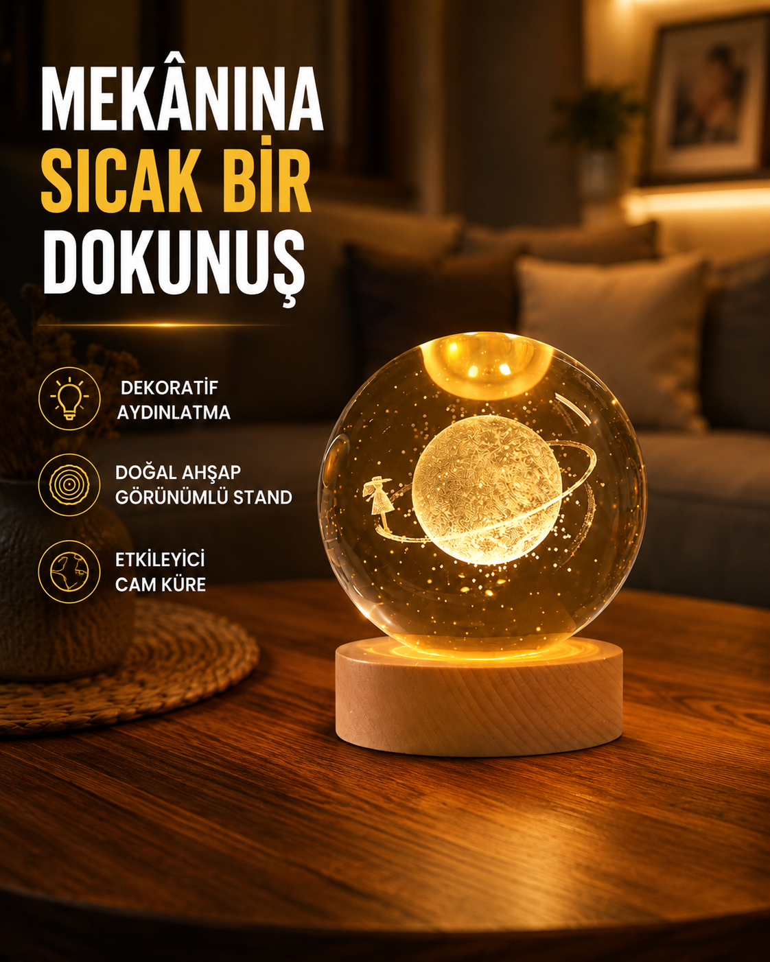 Kız Figürlü Sarı Cam Küre Işıklı Büyük Boy Ahşap Standlı Dekor - Lisinya