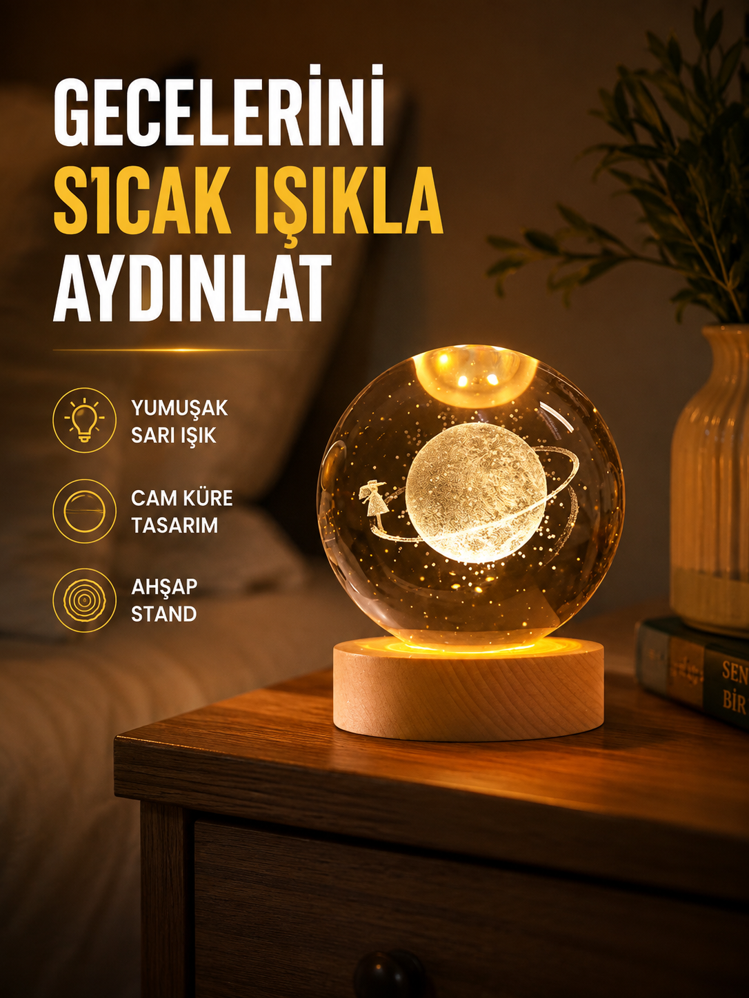 Ahşap Standlı Sarı Işıklı Dekoratif Küre Kız Figürü Tasarım - Lisinya