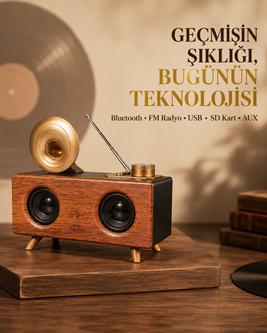 Çift Hoparlörlü Retro Bluetooth Speaker 1800mAh Bataryalı AUX USB SD Kartlı - Lisinya
