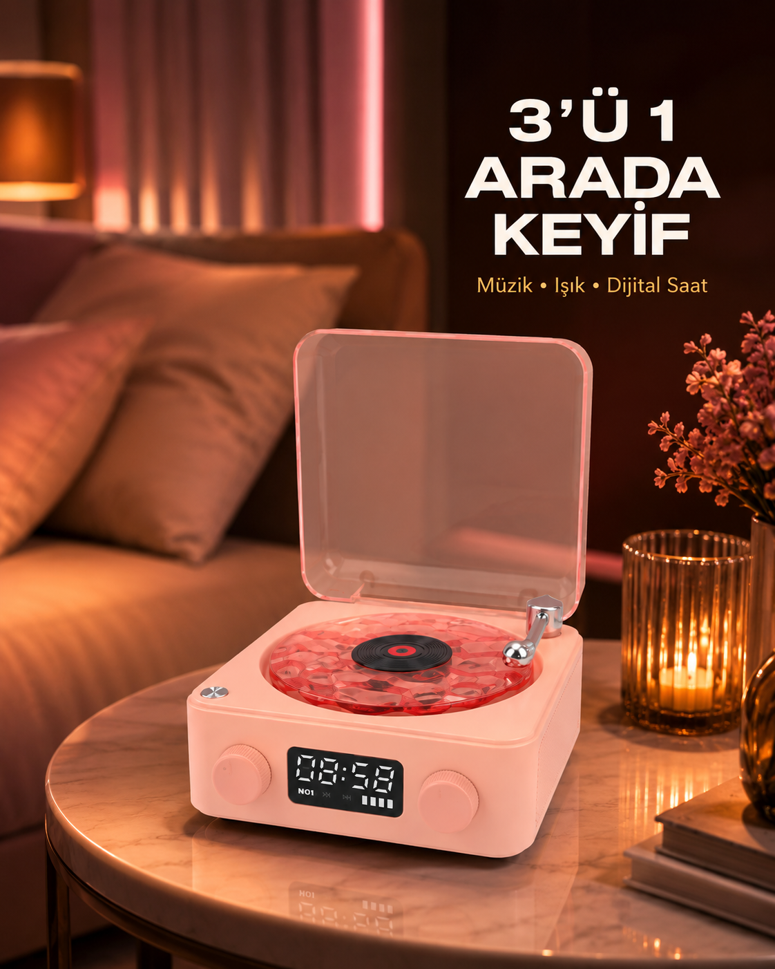 Gece Lambası Stereo Bluetooth Hoparlör Dijital Saat Su Dalgası Efektli 3-ü-1 Cihaz - Lisinya