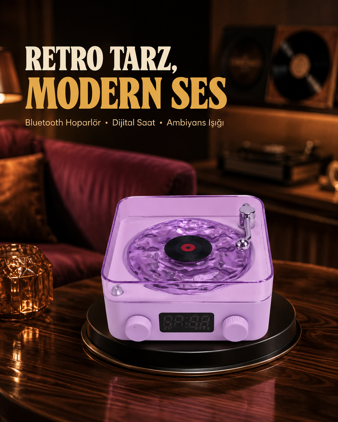Projektör Işıklı Retro Hoparlör Bluetooth AUX USB Hafıza Kartlı 360° Sesli Şarjlı - Lisinya
