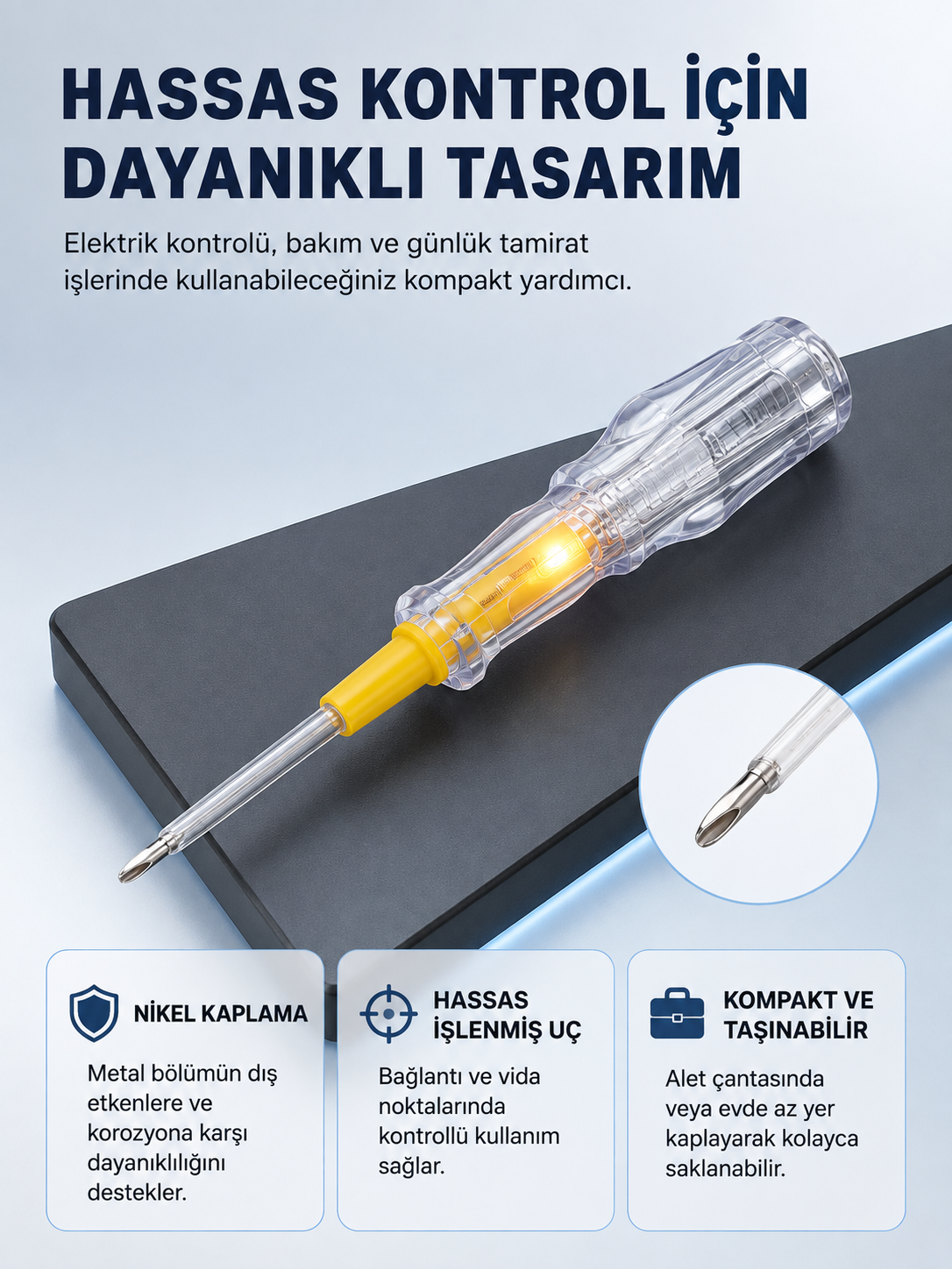 Elektrik Test Kalemi Neon Işıklı Nikel Kaplama 110-220V Dirençli - Lisinya