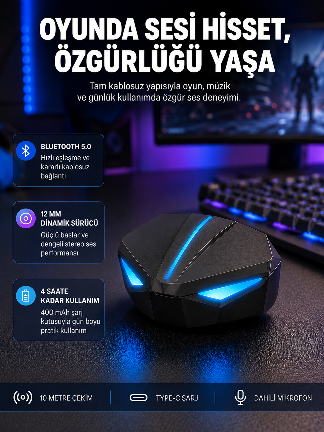 Tam Kablosuz Oyuncu Kulaklığı 5.0 Bluetooth LED Kontrollü Yeni Nesil - Lisinya Tam Kablosuz Oyuncu Kulaklığı 5.0 Bluetooth LED Kontrollü Yeni Nesil - Lisinya