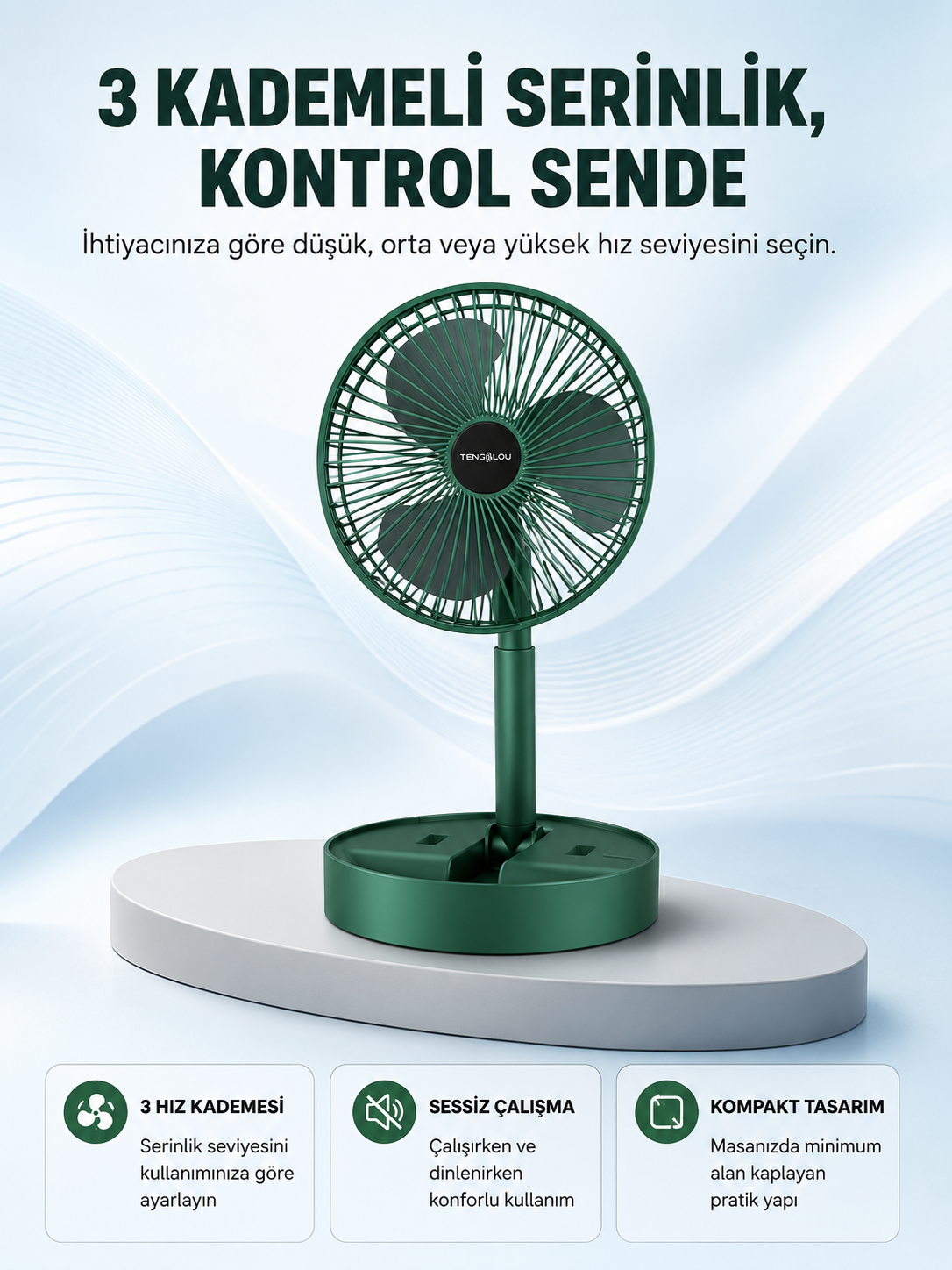 Taşınabilir Katlanabilir Mini Fan 3 Kademeli Şarj Edilebilir - Lisinya