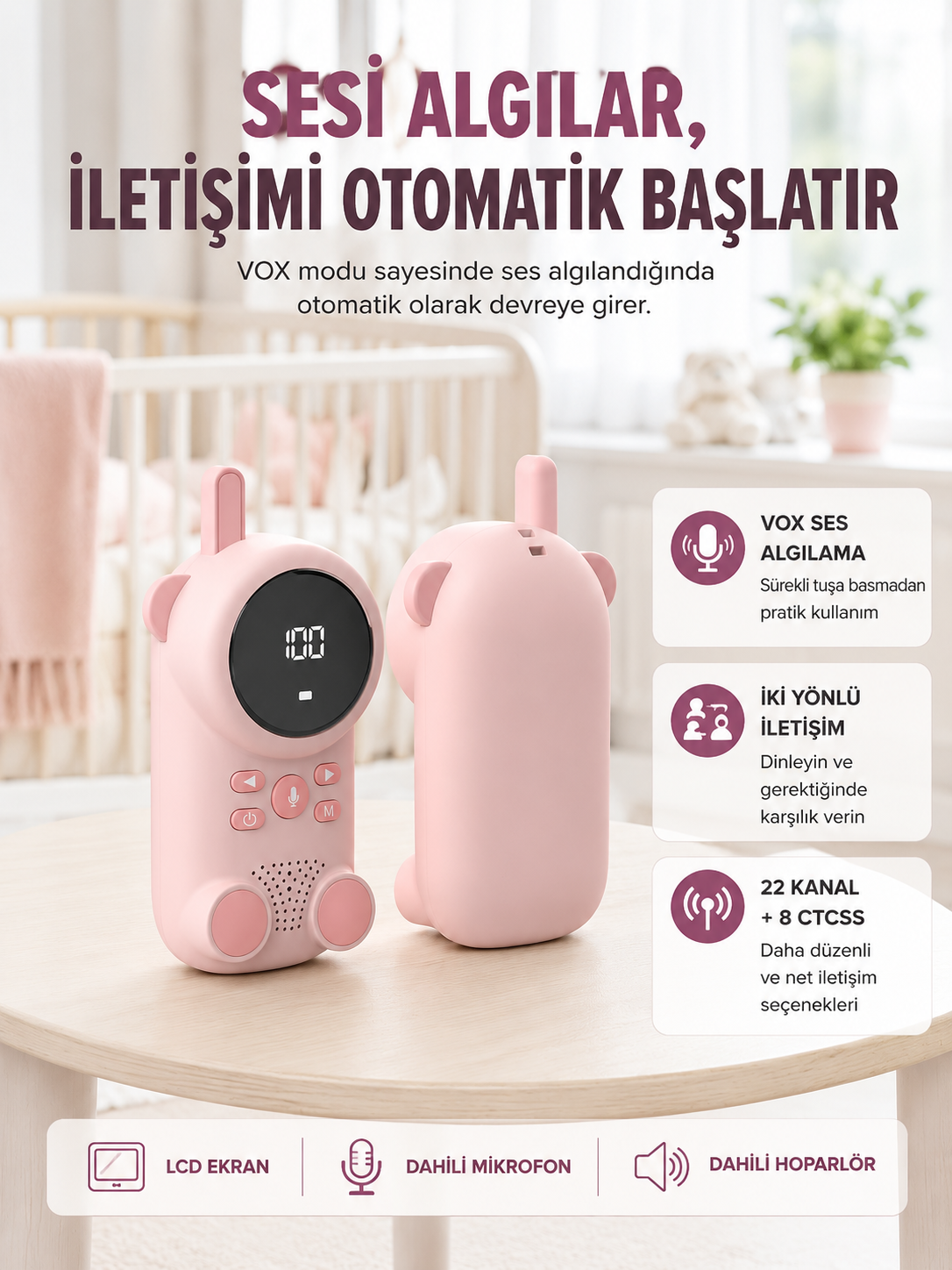Uzun Menzilli Bebek Telsizi 1-3 Km Çekim 22 Kanal LCD Ekran VOX Şarjlı - Lisinya