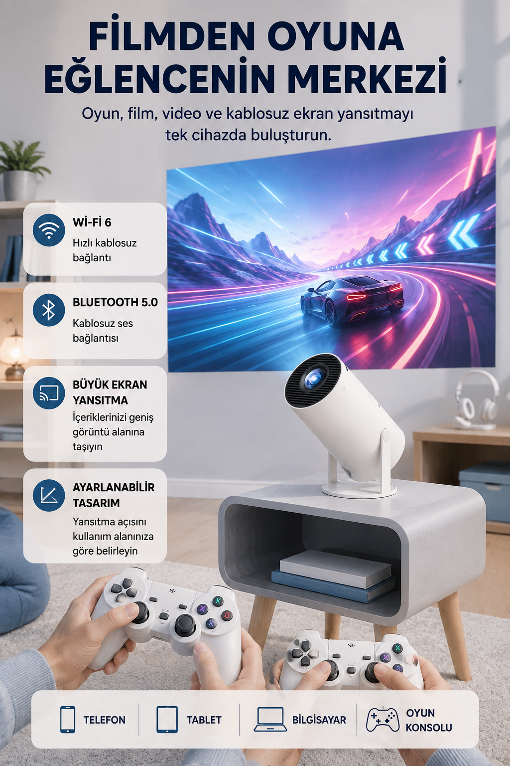 Taşınabilir Projeksiyon Cihazı 4K Destekli Wi-Fi Kablosuz Ekran Yansıtma - Lisinya